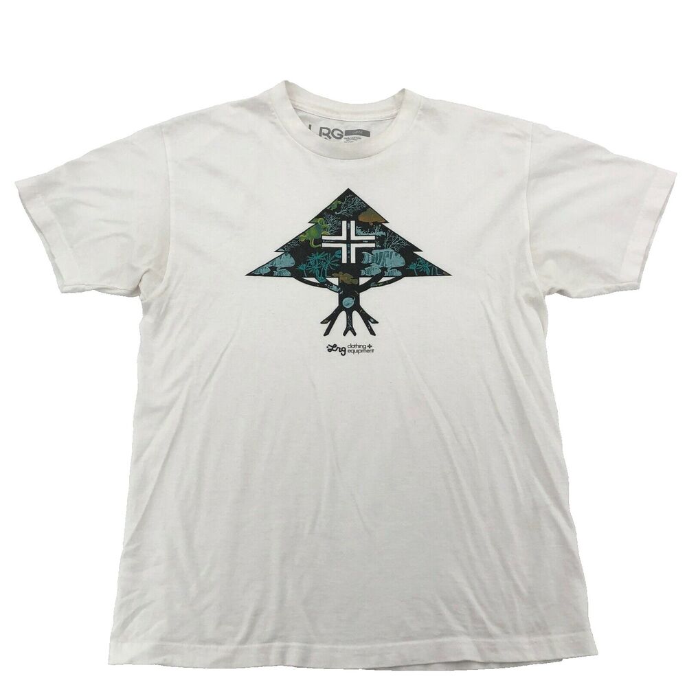 LRG Clothing Logo Shirt Mens Large White Tree Clownfish Aquarium Coral Sea Life